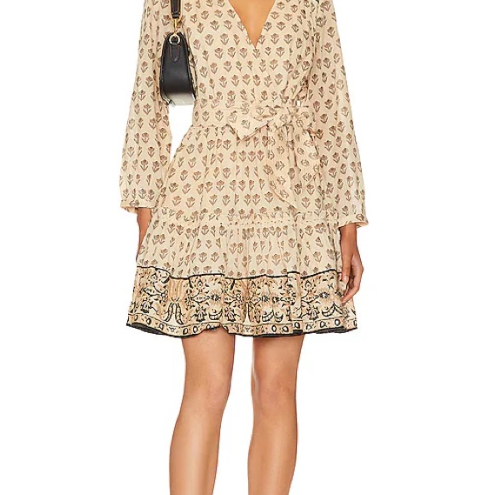 Cleobella Cream Printed Long Sleeve Wrap Dress with Black Trim